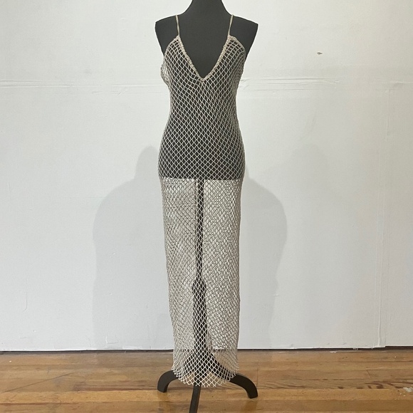 Zara Dresses & Skirts - Zara tan mesh/net dress with metallic threading